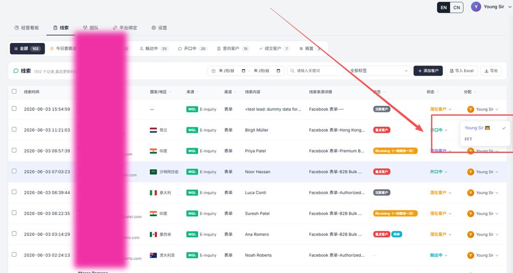 励迎出海智能 CRM 经营后台——线索管理看板（演示数据）
